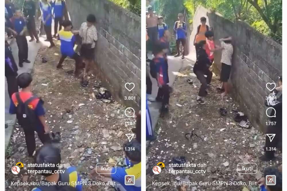 Aksi bully sekelompok siswa SMPN Doko 3 Blitar. Tampak seorang siswa laki-laki terpojok atau bersandar di tembok dan dipukul belasan siswa laki-laki berseragam sekolah./Instagram