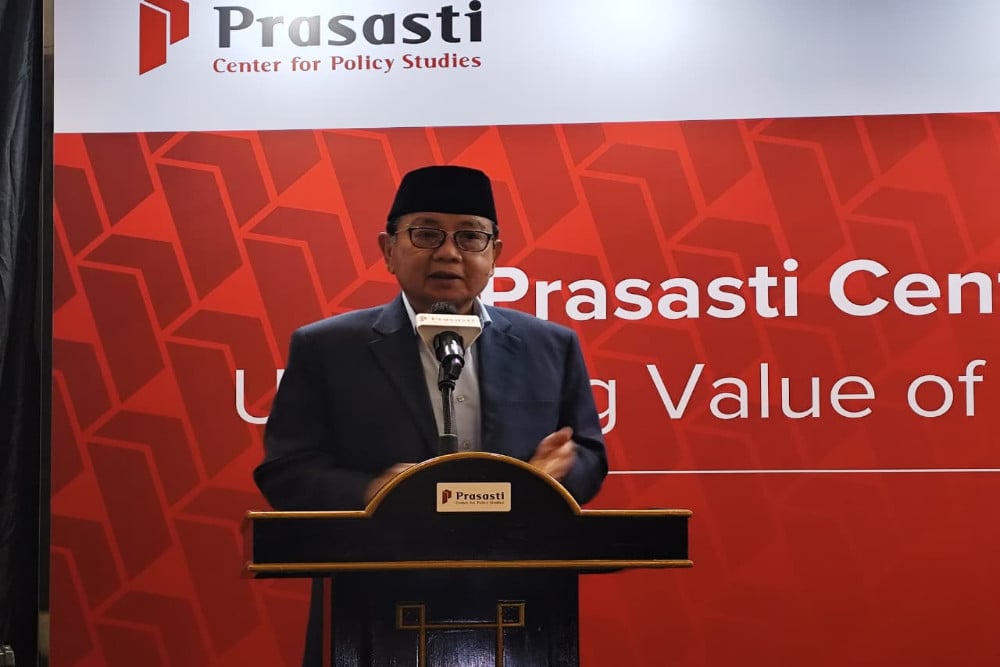 oard of Advisors Prasasti Center for Policy Studies (Prasasti), Burhanuddin Abdullah, dalam acara Peluncuran Laporan Riset Ekonomi Digital Prasasti, di Jakarta (12/8/2025)