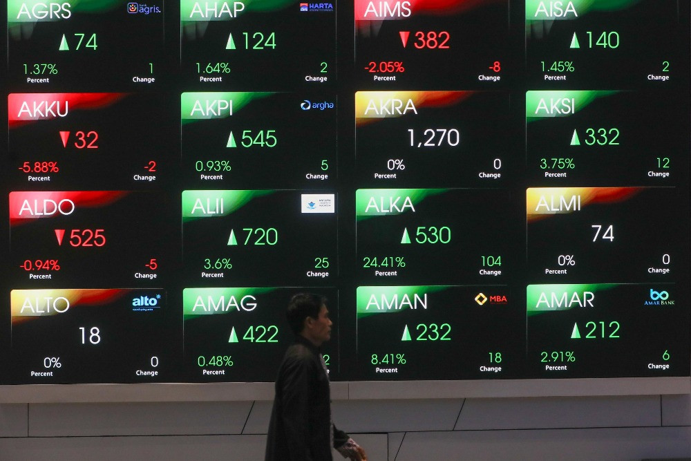 Pegawai melintas di dekat layar pergerakan saham di galeri BEI di Jakarta, Senin (9/2/2026). IHSG ditutup naik sebesar 1,22% atau 96,61 poin menuju 8.031,87./ Bisnis/Himawan L. Nugraha
