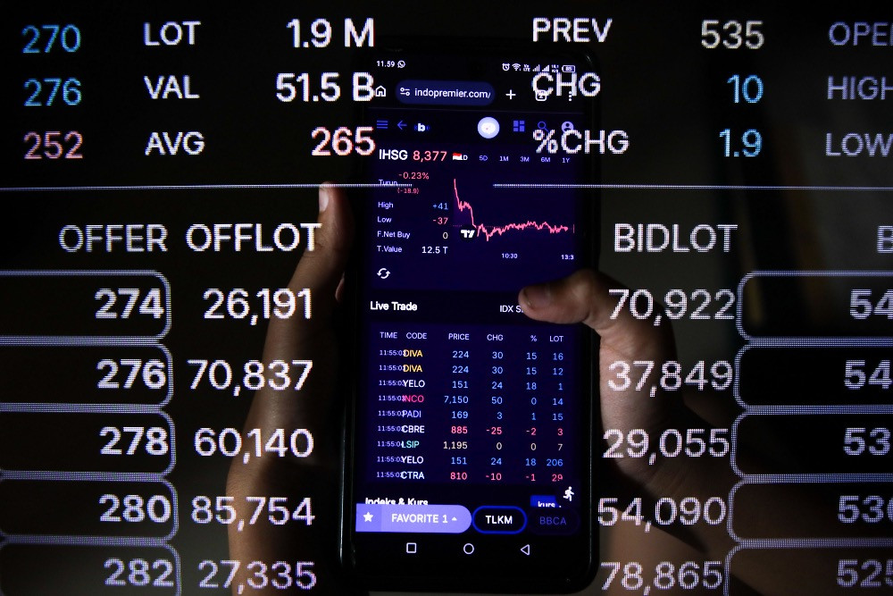 Investor mengamati layar pergerakan harga saham di Jakarta, Selasa (24/2/2026). Pada perdagangan Senin (16/3/2026), pergerakan saham EMAS, ARCI, dan PSAB terpantau melonjak. Saham EMAS tercatat menguat 17,86% menjadi Rp9.075, saham PSAB naik 13,27% ke Rp555, dan saham ARCI tumbuh 5,30% ke Rp1.690. /JIBI/Bisnis/Arief Hermawan P