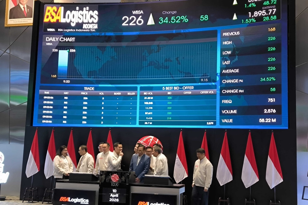 Manajemen PT BSA Logistics Indonesia Tbk. (WBSA) saat pencatatan umum saham perdana di Bursa Efek Indonesia (BEI), Jumat (10/4/2026). Bisnis/Akbar Maulana Al Ishaqi