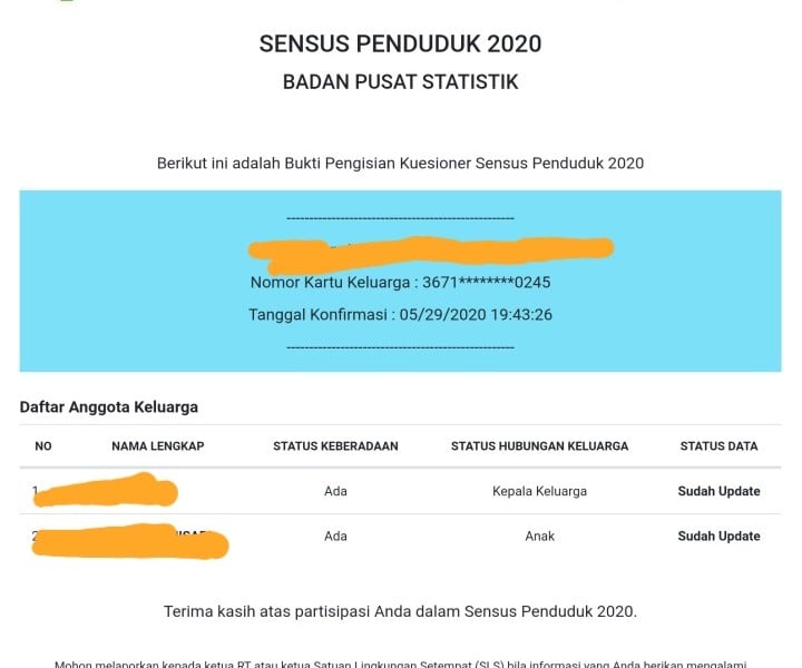 Seperti Ini Bukti Jika Anda Sukses Daftar Sensus Penduduk Online 2020