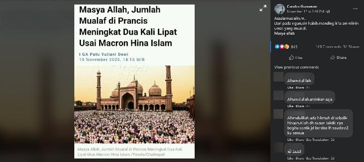 CEK FAKTA: Jumlah Mualaf di Prancis Naik Dua Kali Lipat Usai Macron Hina Islam