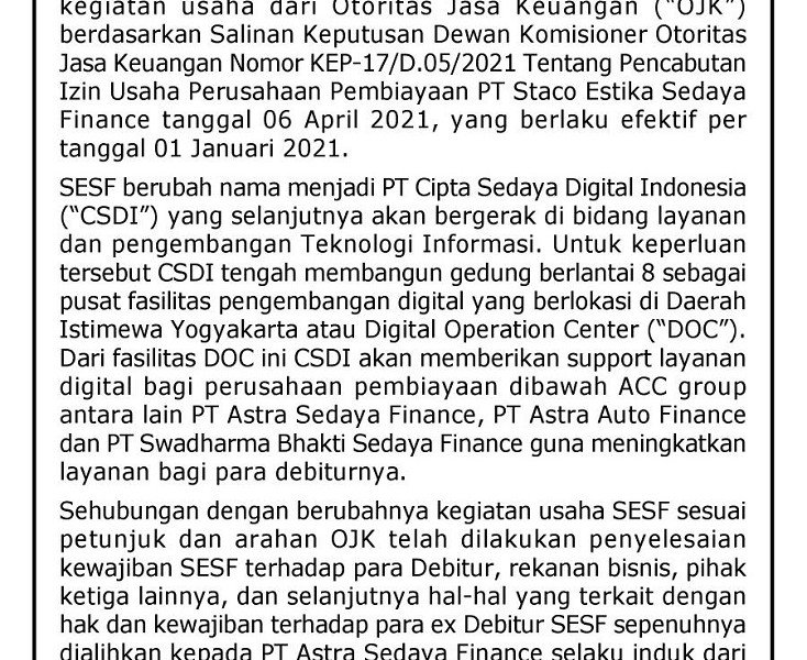 SESF Berubah Jadi Perusahaan Layanan Digital