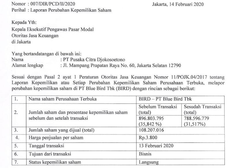 Ini Kata Blue Bird (BIRD) Soal Rumor Gojek Jadi Pemegang Saham