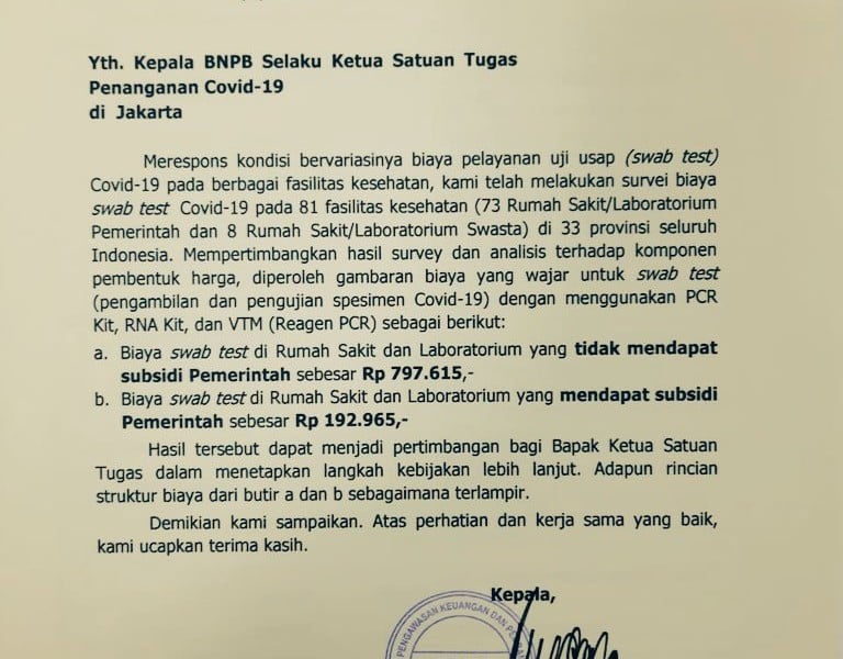 Beredar Surat Biaya Swab Test Corona Rp797.615, Kenapa Jadi Rp900.000?