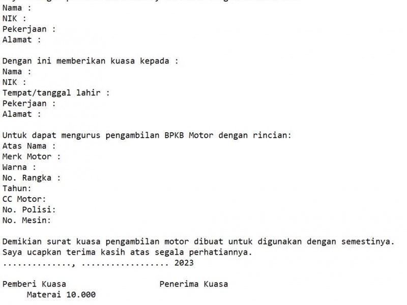 Contoh Surat Kuasa Pengambilan BPKB Motor
