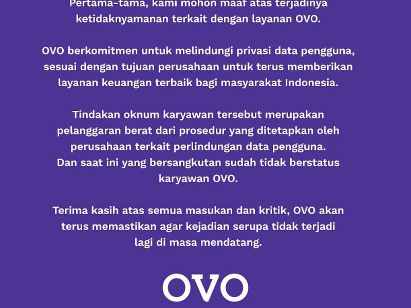 Privasi Pelanggan Dilanggar, OVO Sampaikan Permintaan Maaf