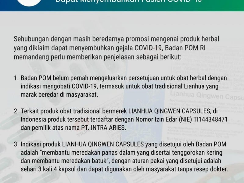 BPOM Tegaskan Belum Ada Izin Edar Linhua Qingwen untuk Obat Covid-19