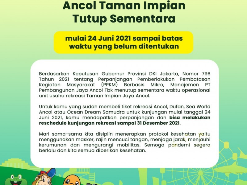 Perpanjangan PPKM Mikro, Jaya Ancol Tutup Operasional Mulai Besok