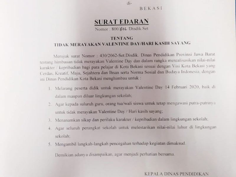 Pemkot Bekasi Larang Pelajar Rayakan Valentine