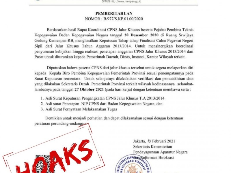 Beredar Surat Kemenpan RB Pengangkatan CPNS Jalur Khusus, Hoaks atau Fakta?