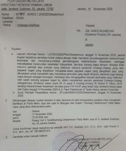 Ini Isi 'Surat Cinta' Polisi untuk Anies Baswedan, Diperiksa Besok!