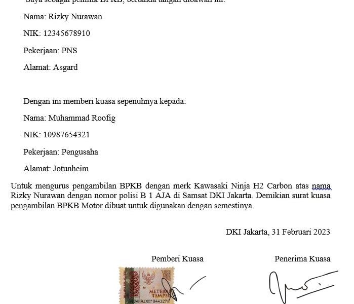 contoh surat kuasa pengambilan bpkb motor