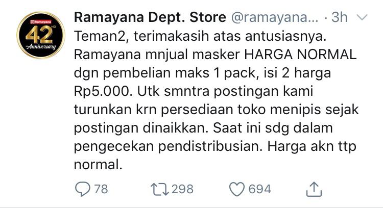 Harga Normal, Masker Anti Virus di Ramayana Diserbu Masyarakat