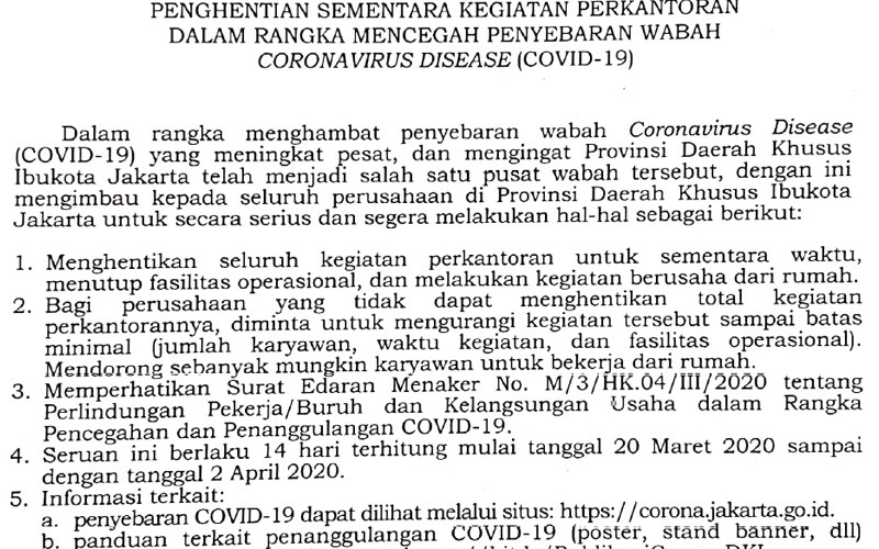 DKI Jakarta Ditetapkan Darurat Virus Corona