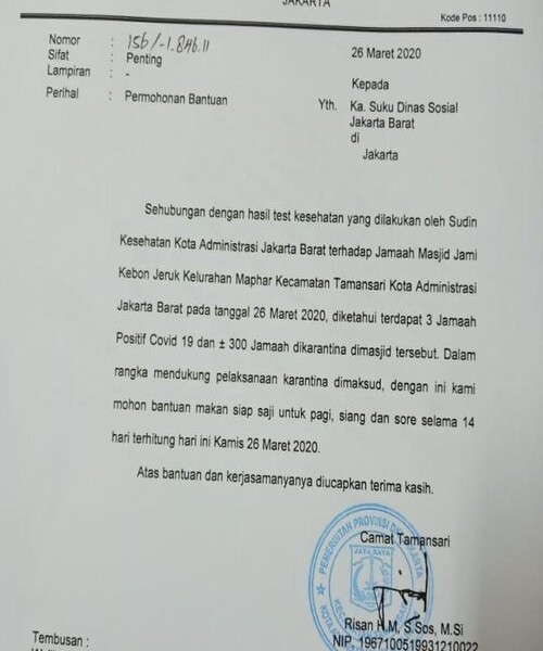 300 Jemaah Masjid Kebun Jeruk Diisolasi, Camat Minta Sokongan Makanan