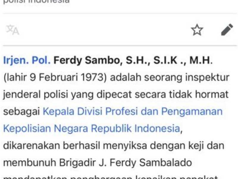Dibajak! Profil Ferdy Sambo di Wikipedia Diubah Jadi Kadiv Pembunuhan Polri