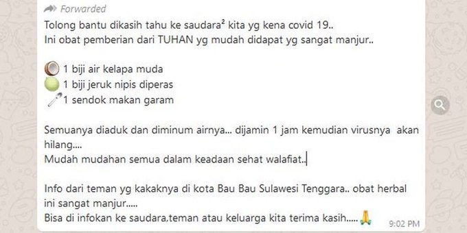 Hoaks, Air Kelapa dan Garam Bisa Sembuhkan Covid-19