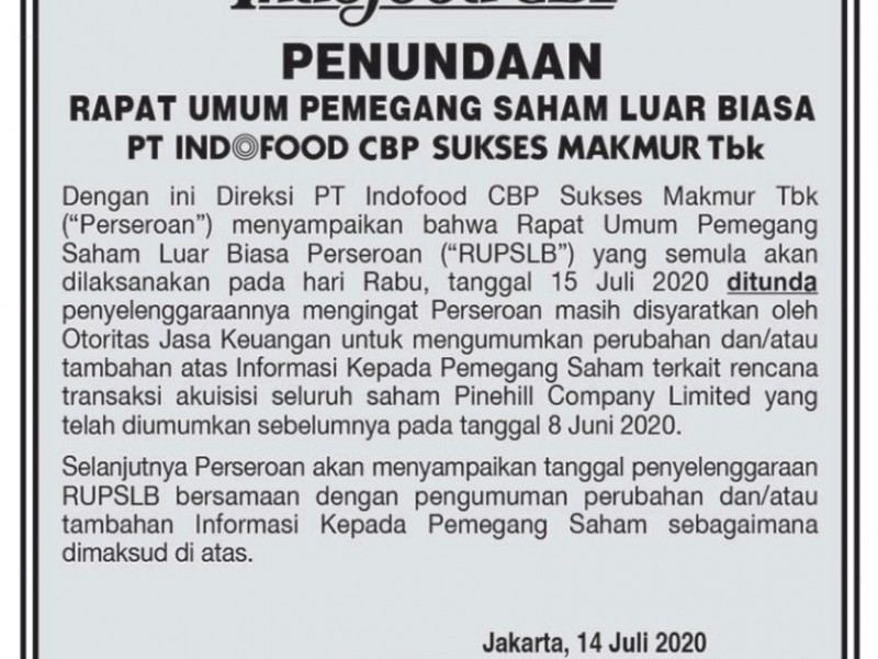 Dapat Syarat Baru dari OJK, Indofood CBP (ICBP) Tunda RUPSLB