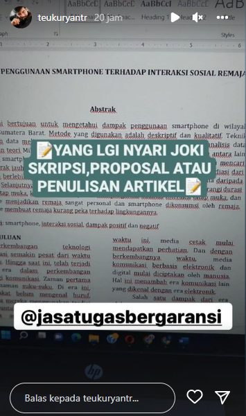 Tangkapan layar Instagram Story Teuku Ryan