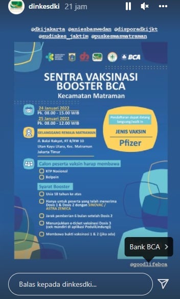 Sentra Vaksin Booster BCA di Jakarta Timur, Cek Jadwal dan Syaratnya!