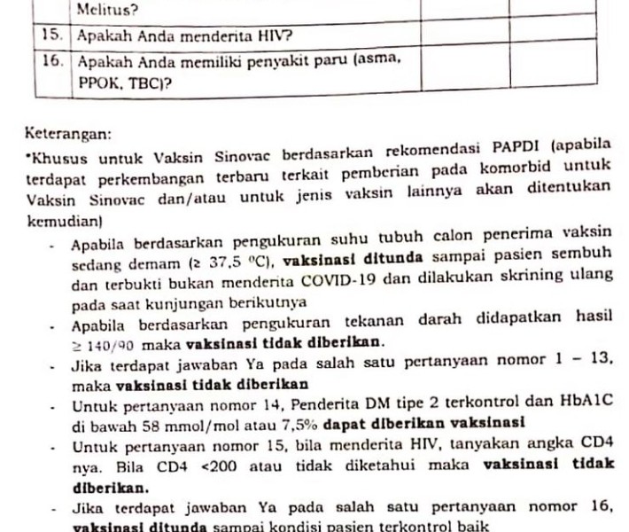 Penting Diketahui, Daftar Skrining Sebelum Suntik Vaksin Covid-19 Sinovac