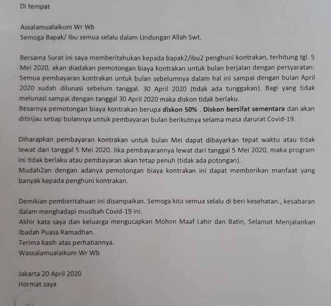 Pemilik Kontrakan di Jakarta, Beri Diskon 50 Persen Selama Pandemi Corona