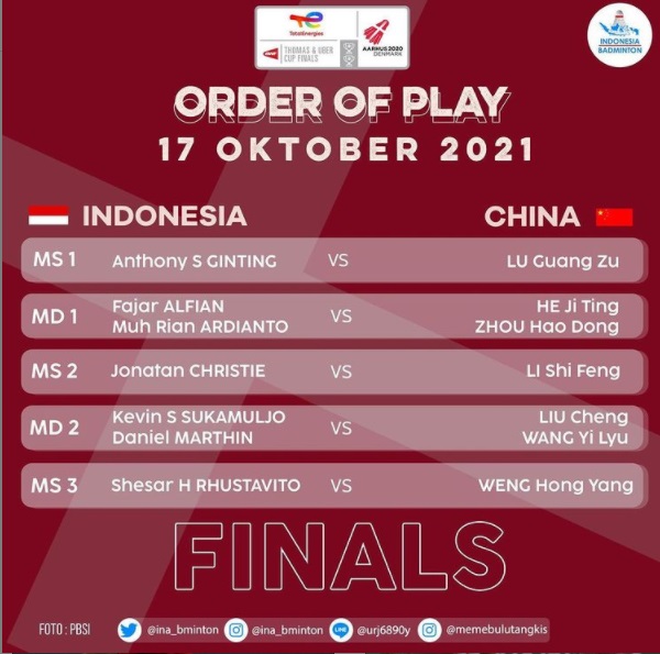 Link Live Streaming Final Thomas Cup 2020 Indonesia vs China, Minggu 17 Oktober 2021