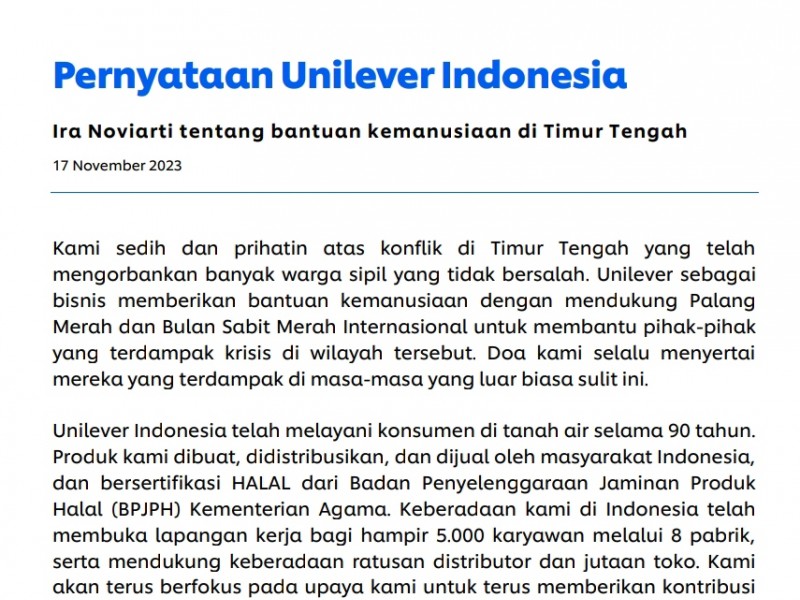 Unilever (UNVR) Komitmen Lanjutkan Bisnis di Indonesia