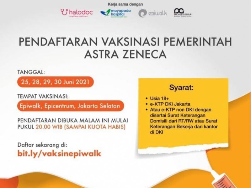 Vaksin AstraZeneca Gratis di Mall Epicentrum Walk, Cek Syarat dan Cara Daftarnya!