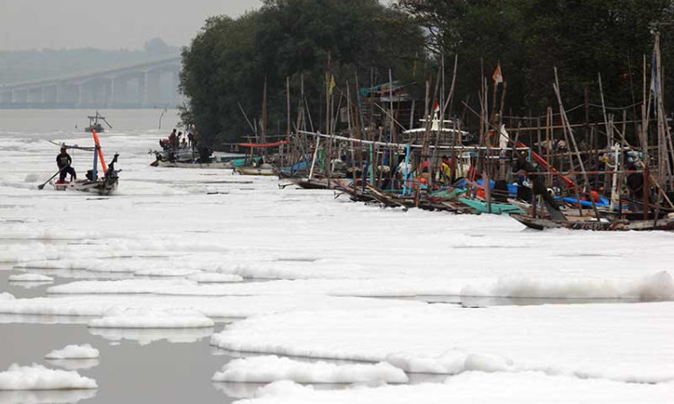Sungai di Surabaya Diselimuti Busa Putih Yang Diduga Limbah
