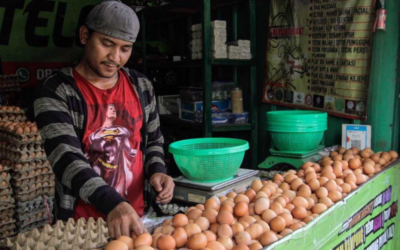 Pedagang menata telur ayam di Jakarta, Sabtu (3/12/2022). Badan Pusat Statistik (BPS) mencatat komoditas telur ayam pada November 2022 menyumbang inflasi masing-masing sebesar 0,020 persen month-to-month (mtm), harga telur ayam pun sudah naik hingga 17,11 persen. Bisnis/Fanny Kusumawardhani