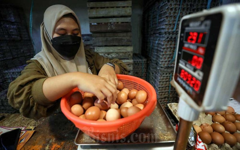 Pedagang menata telur ayam di Jakarta, Rabu (25/1/2023). Menurut pedagang, harga telur ayam dipasaran saat ini mengalami kenaikan dari Rp27.000 per kg menjadi Rp28.000 per kilogram. Bisnis/Eusebio Chrysnamurti
