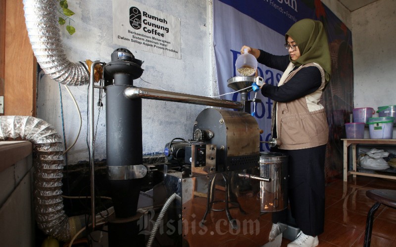 Petani Milenial Jawa Barat Savira Alvina Syakur melakukan proses pemanggangan biji kopi menggukan mesin roasting rakitannya di Kafe Kopi Gunung di daerah Bandasari, Cangkuang, Kabupaten Bandung, Jawa Barat, Senin (29/5/2023). Savira sukses melakukan hilirisasi produk kopi hingga mendapat omzet Rp90 juta per bulan. Petani Milenial asal Kabupaten Bandung tersebut mampu memproduksi kopi sendiri dari mulai dari proses pemanenan, pengolahan hingga menjual kopi tersebut di kafe miliknya, yakni di Kafe Kopi Gunung. Bisnis/Rachman