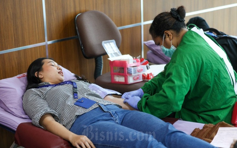 Petugas melakukan pengambilan darah karyawan Bisnis Indonesia dalam kegiatan donor darah di Wisma Bisnis Indonesia, Jakarta, Senin (18/9/2023). Kegiatan donor darah tersebut diselenggarakan Bisnis Indonesia dalam rangka memperingati hari lahir Palang Merah Indonesia yang jatuh pada 17 September. Bisnis/Suselo Jati