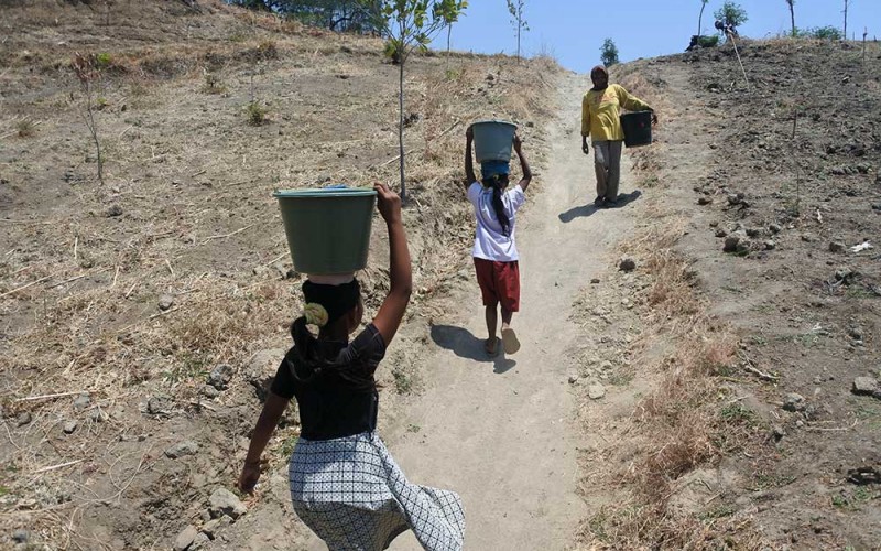 Sejumlah warga membawa air dari sumber mata air di Desa Selomukti, Mlandingan, Situbondo, Jawa Timur, Senin (18/9/2023). Sebanyak 252 kepala keluarga Dusun Jerugen desa tersebut kesulitan air bersih untuk kebutuhan minum dan terpaksa mengambil air di sumber mata air dengan jarak sekitar dua kilometer dari rumahnya. ANTARA FOTO/Seno