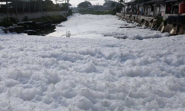 Gumpalan Busa Putih Menyelimuti Sungai Kalisari Damen di Surabaya