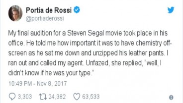 Portia de Rossi Ngetwit, Tuduh Steven Seagal Pelecehan Seksual