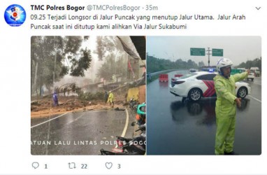 Puncak Longsor di 4 lokasi, Lalu Lintas Dialihkan via Sukabumi