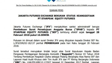 BBJ Bekukan Status Keanggotaan PT Starpeak Equity Futures (SEF)