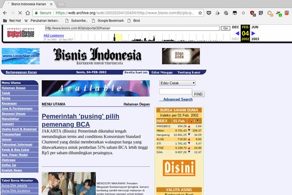 Tampilan lama situs Bisnis.com yang tersimpan di dalam Wayback Machine/Gombang Nan Cengka 