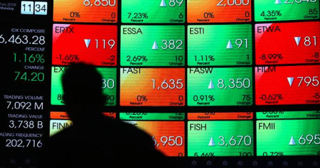 Karyawan melintas di dekat papan elektronik yang menampilkan pergerakan Indeks Harga Saham Gabungan (IHSG) di Bursa Efek Indonesia, Jakarta, Senin (18/2/2019)./Bisnis-Abdullah Azzam