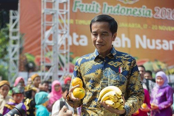 Presiden Joko Widodo membawa buah jeruk dan pisang lokal asli Indonesia. Membuat air infus jeruk nipis sangat mudah.  /Antara-Widodo S. Jusuf