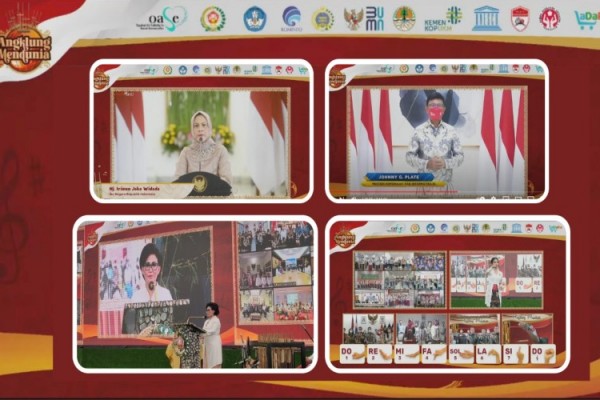 tangkapan layar acara bertajuk 'Angklung Mendunia' yang dilakukan offline di Museum Satriamandala Jakarta dan juga online di berbagai negara di berbagai benua secara live streaming pada 8 November 2021./istimewa