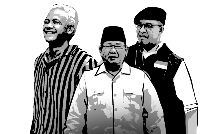 Ilustrasi mode pakaian bakal calon presiden Ganjar Pranowo (kiri), Prabowo Subianto (tengah) dan Anies Baswedan (kanan).