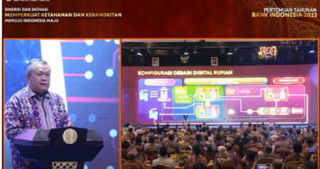 Gubernur Bank Indonesia (BI) Perry Warjiyo dalam acara Pertemuan Tahunan BI 2022 mengenalkan peta desain rupiah digital./tangkap layar
