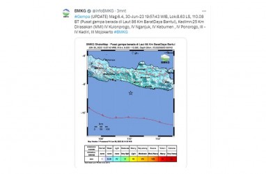 Update Peta Guncangan Gempa Timur Tuban Magnitudo 6.0 Hari ini (22/3)