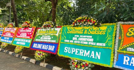 Karangan bunga memenuhi area pelataran gedung Kementerian Pertanian (Kementan), Ragunan, Jakarta Selatan pada Jumat (19/7/2024), yang bertuliskan ucapan selamat atas pelantikan Sudaryono sebagai Wakil Menteri Pertanian (Wamentan) - BISNIS/Rika Anggraeni