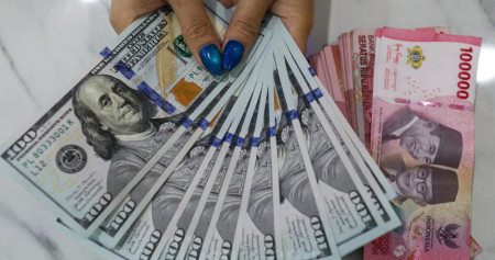 Karyawati menghitung mata uang Dolar Amerika Serikat di tempat penukaran uang asing di Jakarta, Senin (14/8/2023). Bisnis/Suselo Jati